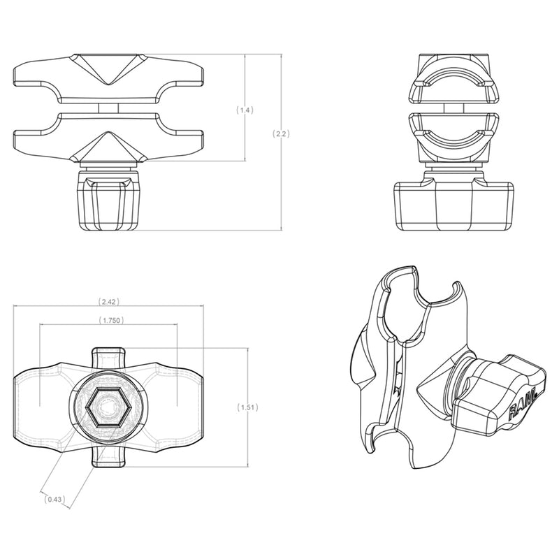 RAM Mount Short Double Socket Arm f/1" Ball Bases [RAM-B-201U-A] - Mealey Marine