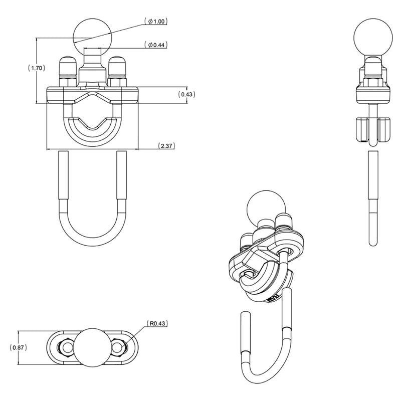 RAM Mount Zinc Coated U-Bolt Base w/1" Ball [RAM-B-231ZU] - Mealey Marine