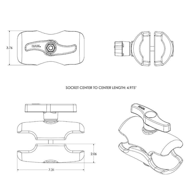 RAM Mount Double Socket Short Arm f/3-3/8" E Size Ball Base [RAM-E-201U-D] - Mealey Marine