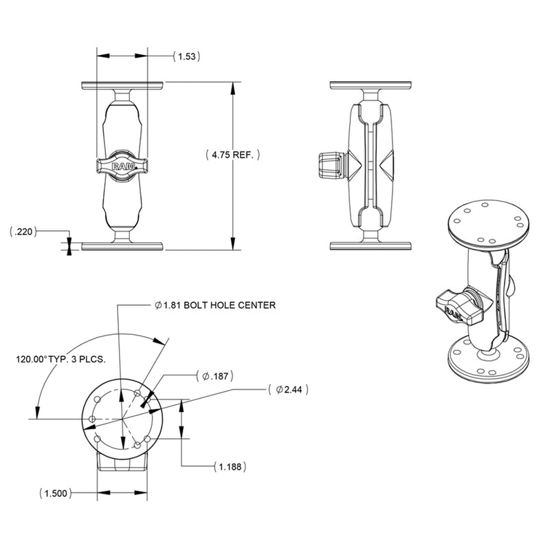 RAM Mount 1" Ball Double Socket Arm w/2 2.5" Round Bases - AMPS Hole Pattern [RAM-B-101U] - Mealey Marine