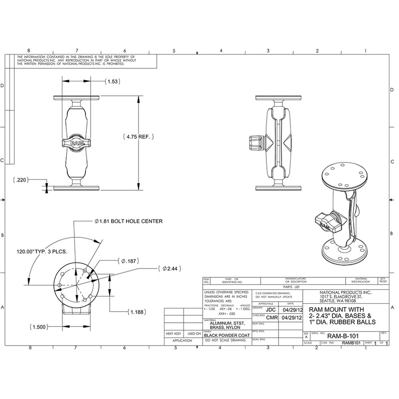 RAM Mount 1" Ball Light Use Surface Mount f/Garmin echo 100, 150, 300c [RAM-B-101-G4] - Mealey Marine