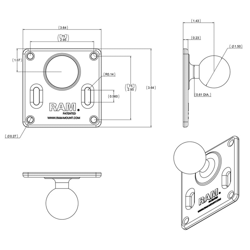 RAM Mount 75mm x 75mm VESA 3.625" Plate w/1.5" Diameter Ball [RAM-2461U] - Mealey Marine