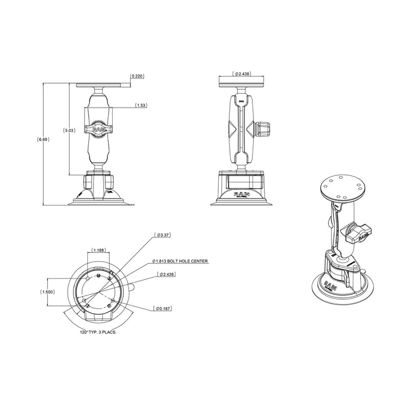 RAM Mount Twist Lock Suction Cup w/Round Base Adapter [RAM-B-166-202U] - Mealey Marine