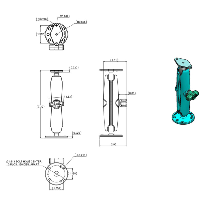 RAM Mount Flat Surface Mount Long Arm w/Diamond Base [RAM-B-138U-C] - Mealey Marine