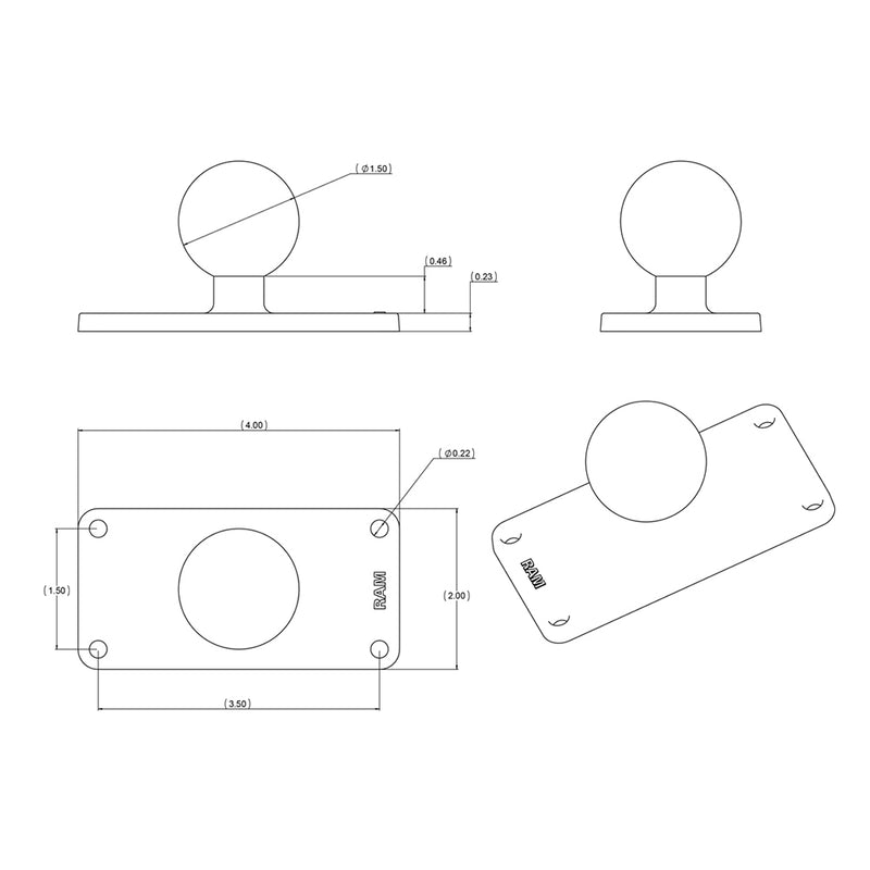 RAM Mount 2" x 4" Rectangle Base w/1.5" Ball [RAM-202U-24] - Mealey Marine
