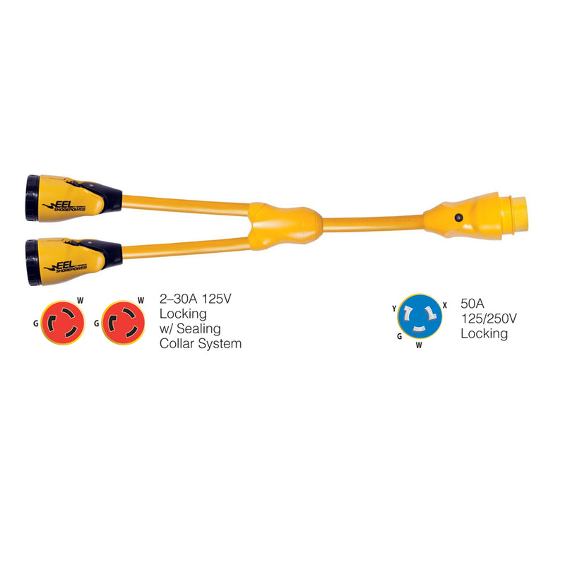 Marinco Y504-2-30 EEL (2)-30A-125V Female to (1)50A-125/250V Male "Y" Adapter - Yellow [Y504-2-30] - Mealey Marine