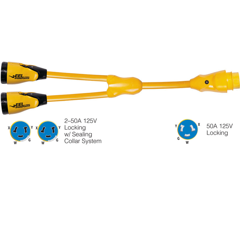 Marinco Y504-2-504 EEL (2)50A-125/250V Female to (1)50A-125/250V Male "Y" Adapter - Yellow [Y504-2-504] - Mealey Marine