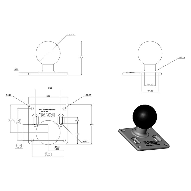 RAM Mount 75mm x 75mm VESA 3.625" Plate w/2.25" D Size Ball [RAM-D-2461U] - Mealey Marine