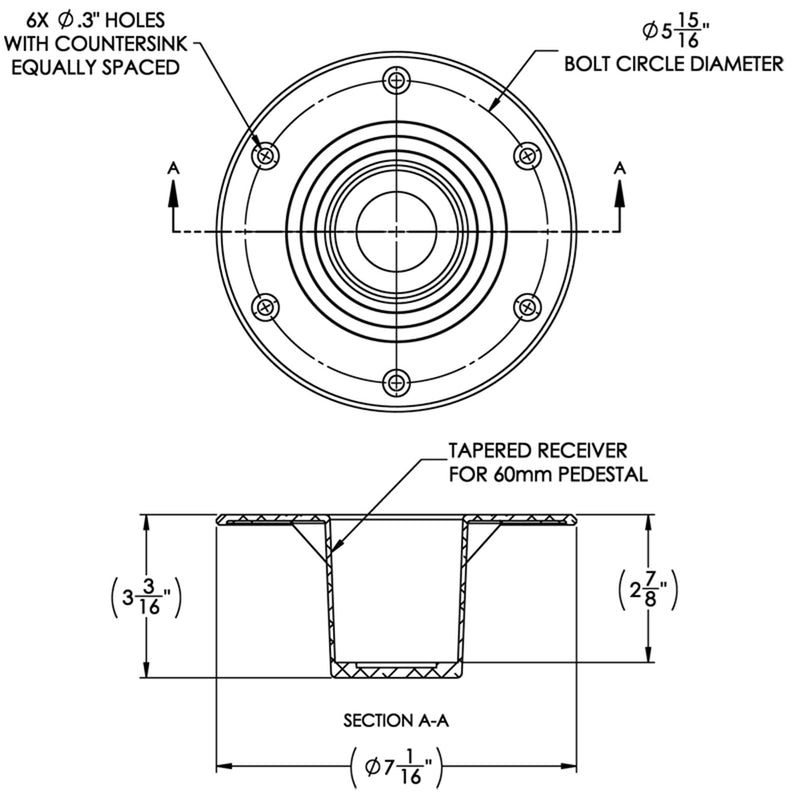 TACO Table Support - Flush Mount - Fits 2-3/8" Pedestals [Z10-4085BLY60MM] - Mealey Marine