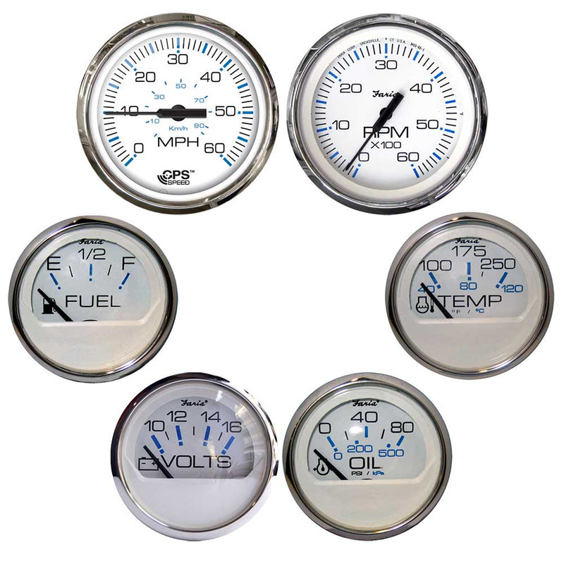 Faria Chesapeake White w/Stainless Steel Bezel Boxed Set of 6 - Speed, Tach, Fuel Level, Voltmeter, Water Temperature  Oil PSI [KTF063] - Mealey Marine