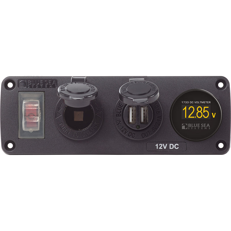 Blue Sea 4366 Water Resistant USB Accessory Panel - Circuit Breaker, 12V Socket, Dual USB Charger, Mini Voltmeter [4366] - Mealey Marine