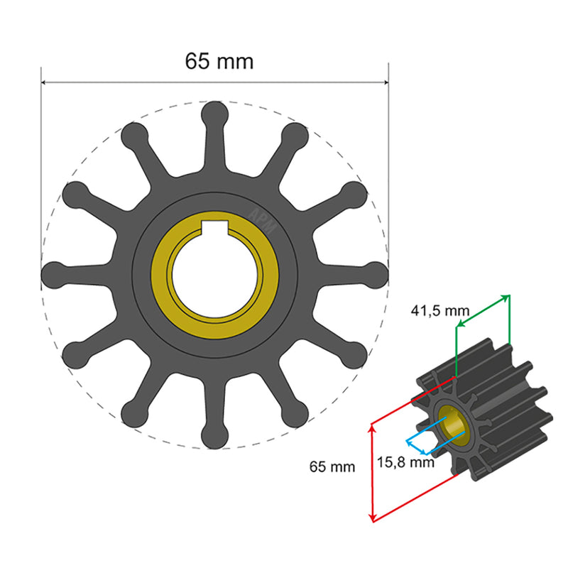 Albin Pump Premium Impeller Kit 65 x 15.8 x 41.5mm - 12 Blade - Key Insert [06-01-018] - Mealey Marine