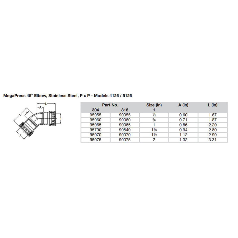 Viega MegaPress 1/2" 45 Stainless Steel 304 Elbow - Double Press Connection - Smart Connect Technology [95055] - Mealey Marine