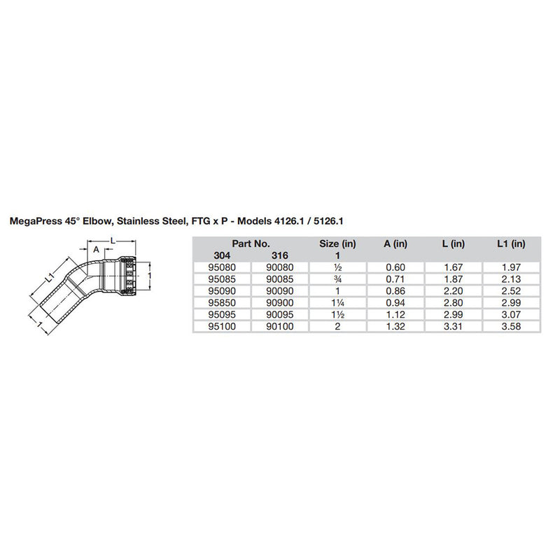 Viega MegaPress 1/2" 45 Stainless Steel 304 Elbow Street - Press Connection - Smart Connect Technology [95080] - Mealey Marine