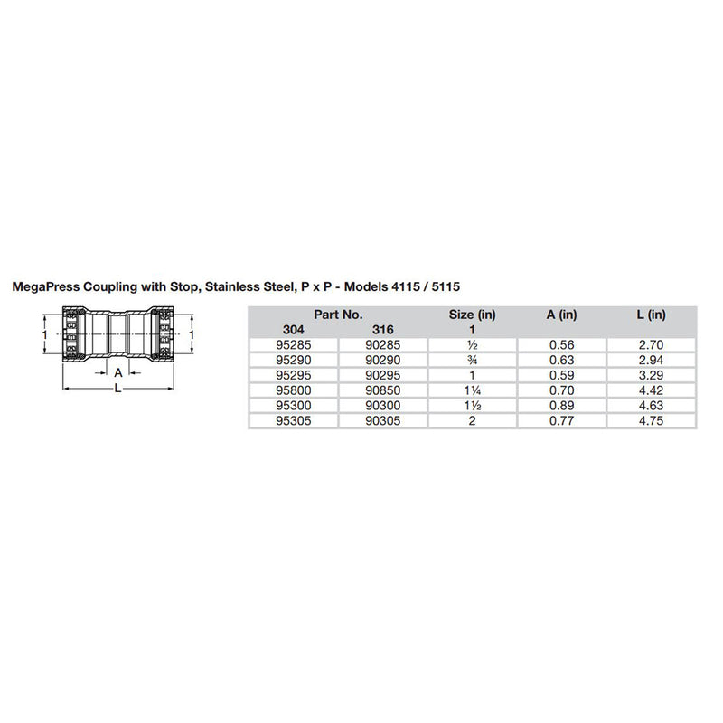 Viega MegaPress 1/2" Stainless Steel 304 Coupling w/Stop - Double Press Connection - Smart Connect Technology [95285] - Mealey Marine