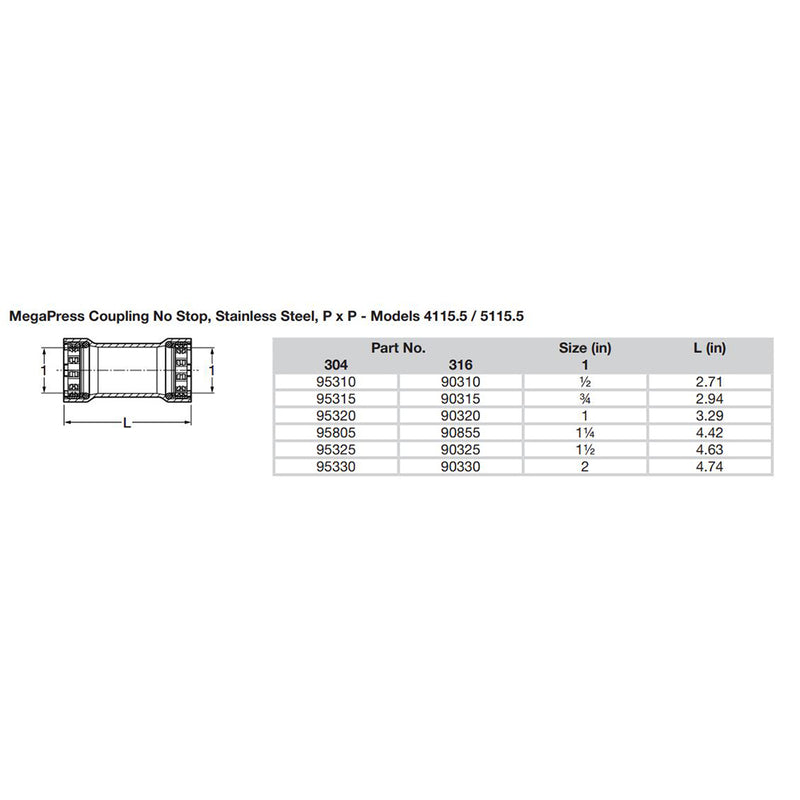 Viega MegaPress 1" Stainless Steel 304 Coupling w/o Stop - Double Press Connection - Smart Connect Technology [95320] - Mealey Marine